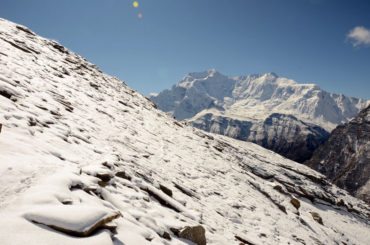 19 Looking Back At Annapurna II and Annapurna IV And The Snowy Trail From The Top Of The Ridge To Chulu Far East Base Camp 